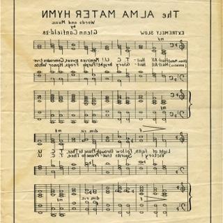 The yellowed manuscript of handwritten sheet music of the TCU Alma Mater Hymn, attributed to Glenn Canfield, 1928. 